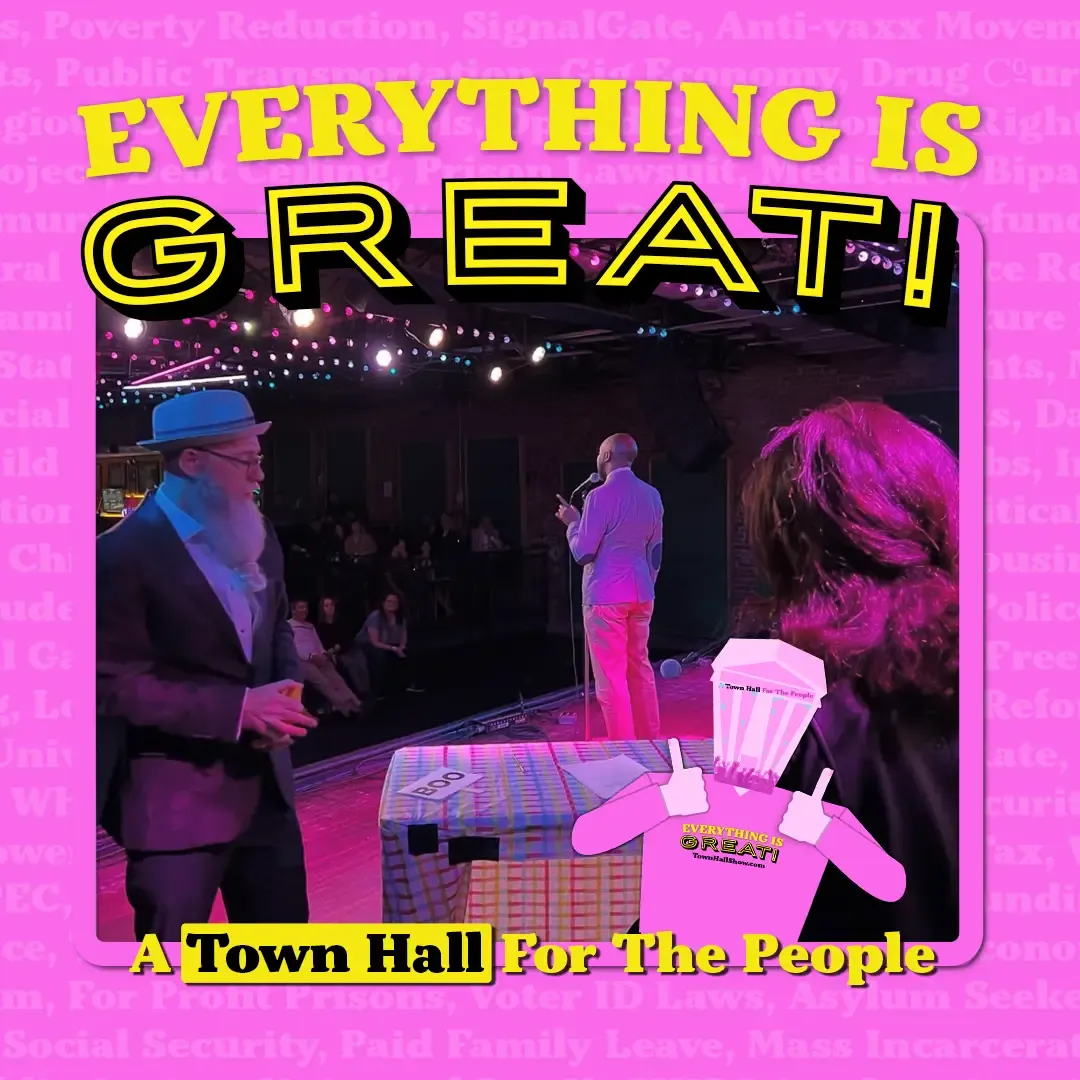 Matt Davis and Christopher Davis on stage at Everything Is Great, a Town Hall for the People comedy show.